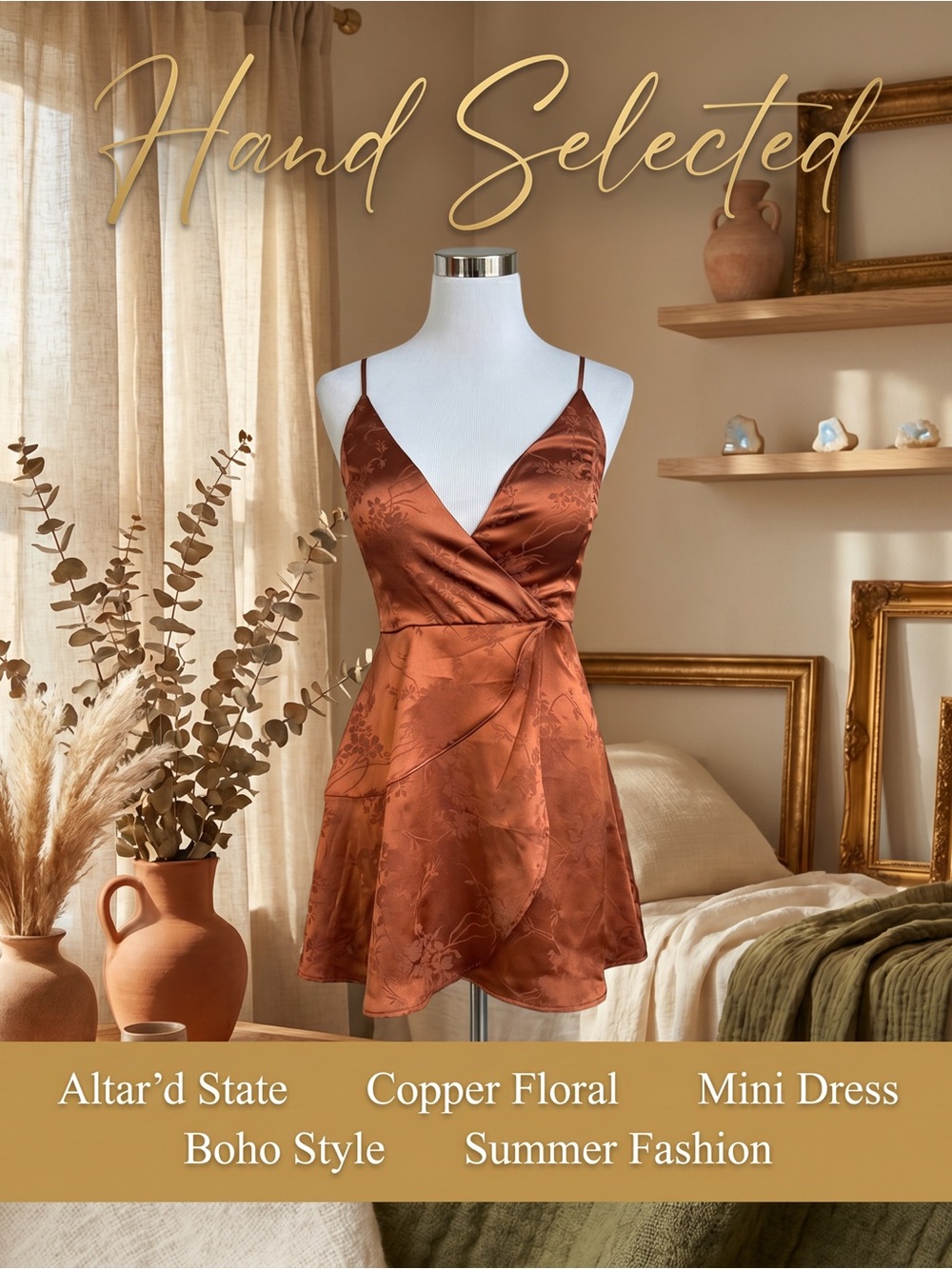 Altar'd State Copper Satin Floral Jacquard Wrap Mini Dress Romantic Boho XS